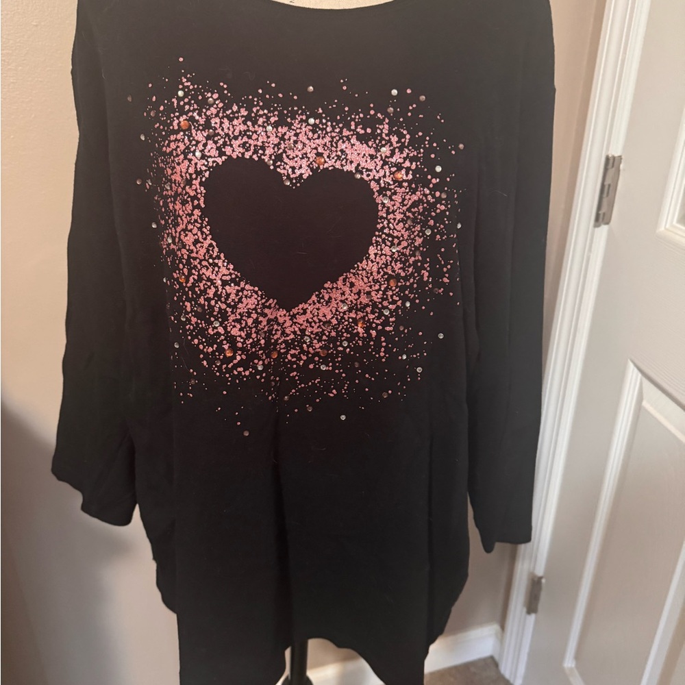 Karen Scott Black Top with Pink Heart Accent